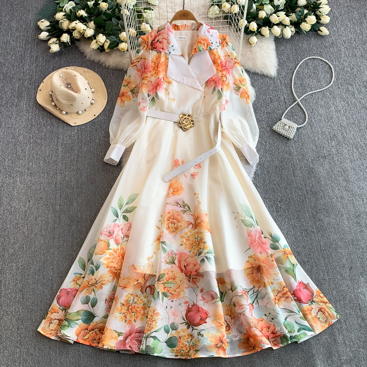 Elegant Print Flower Bandage Dress Women's Notched V-Neck Long Lantern Sleeve Waist-cinching Belt Maxi Vestidos Holiday