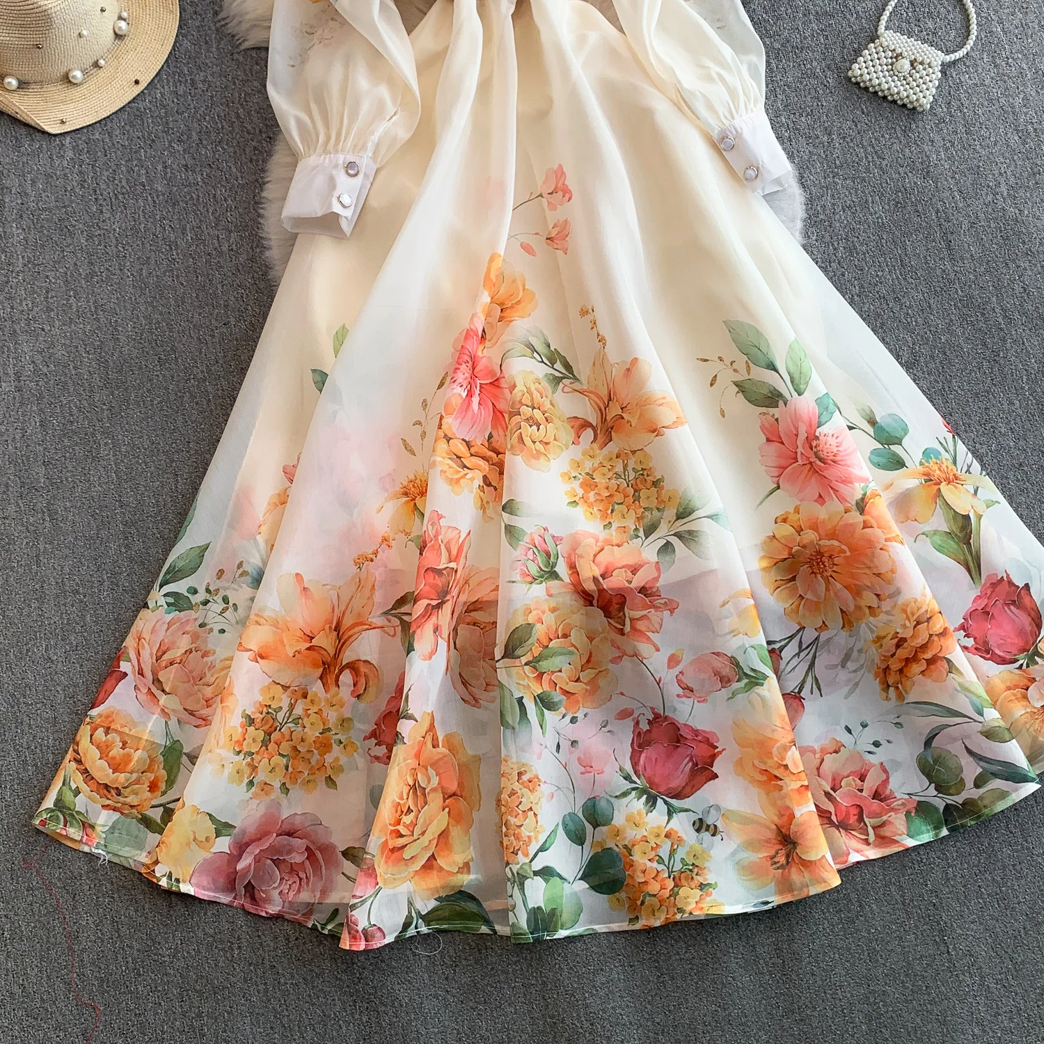 Elegant Print Flower Bandage Dress Women's Notched V-Neck Long Lantern Sleeve Waist-cinching Belt Maxi Vestidos Holiday