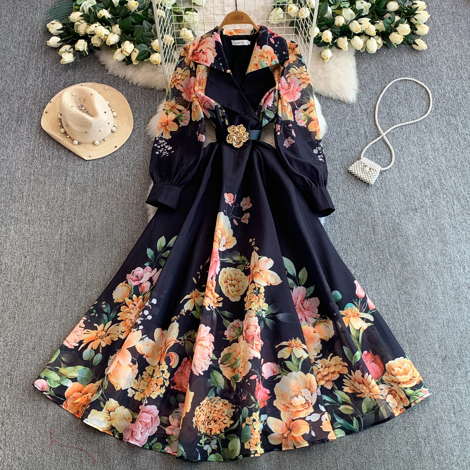 Elegant Print Flower Bandage Dress Women's Notched V-Neck Long Lantern Sleeve Waist-cinching Belt Maxi Vestidos Holiday