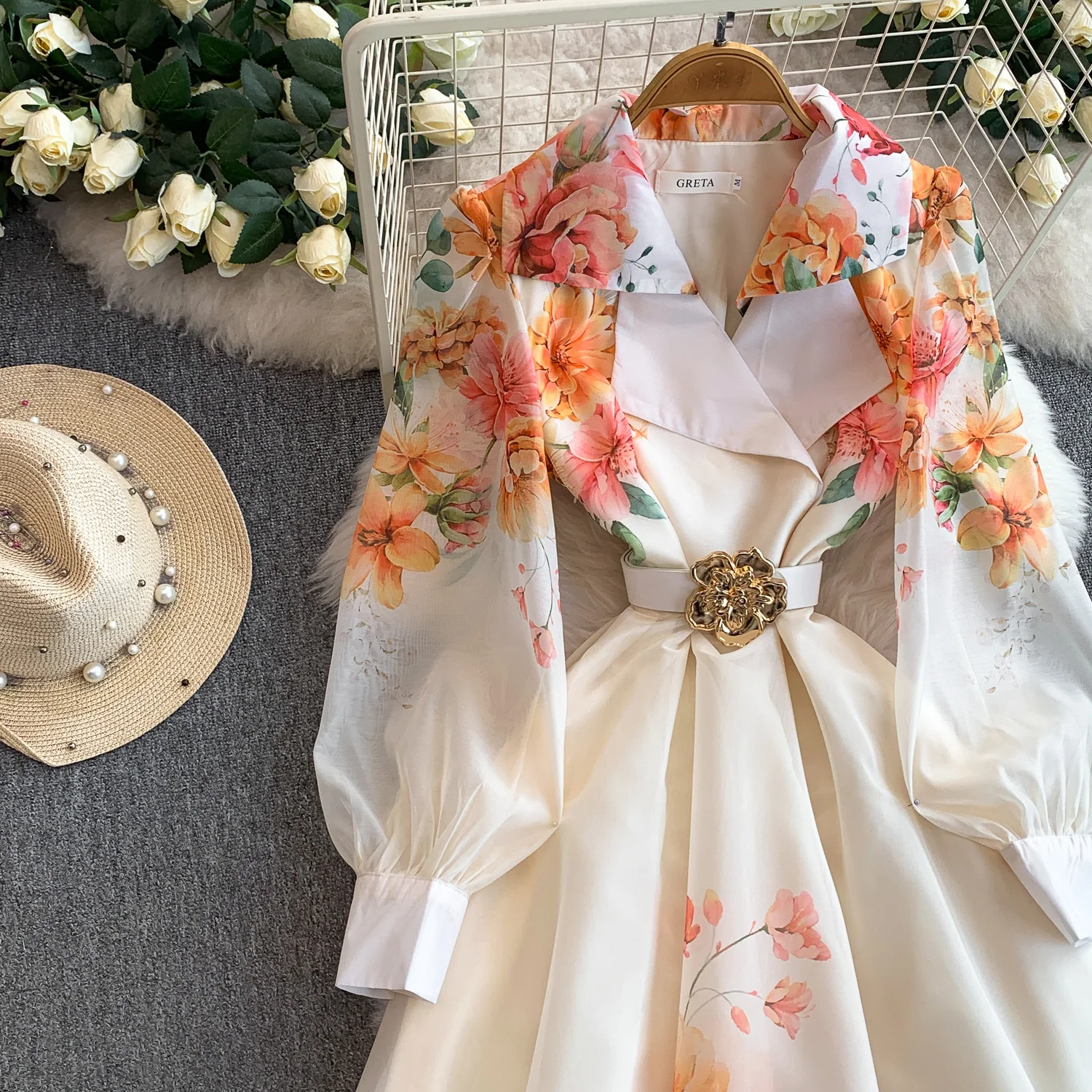 Elegant Print Flower Bandage Dress Women's Notched V-Neck Long Lantern Sleeve Waist-cinching Belt Maxi Vestidos Holiday