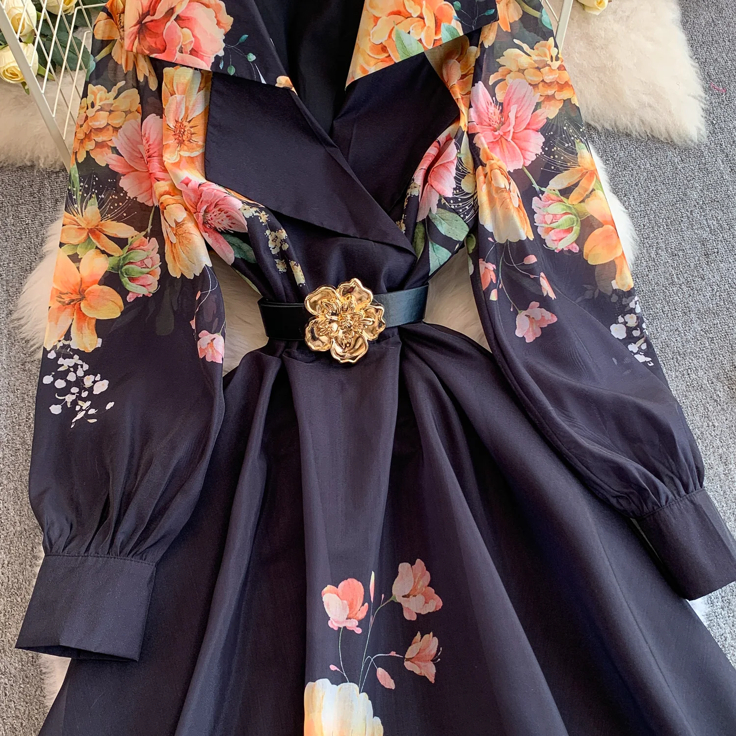 Elegant Print Flower Bandage Dress Women's Notched V-Neck Long Lantern Sleeve Waist-cinching Belt Maxi Vestidos Holiday