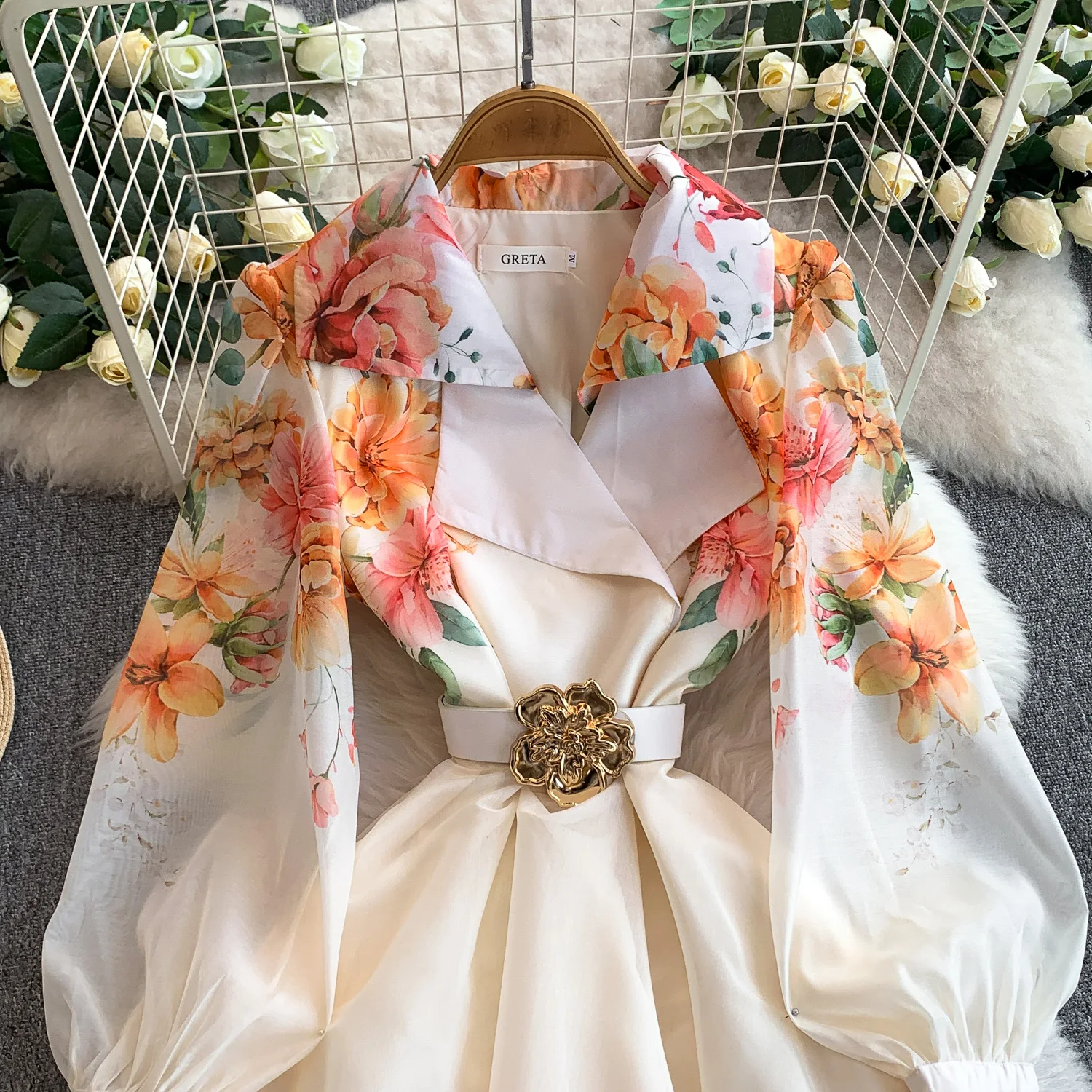 Elegant Print Flower Bandage Dress Women's Notched V-Neck Long Lantern Sleeve Waist-cinching Belt Maxi Vestidos Holiday