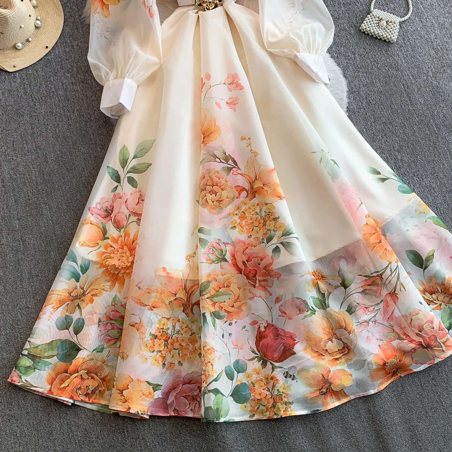 Elegant Print Flower Bandage Dress Women's Notched V-Neck Long Lantern Sleeve Waist-cinching Belt Maxi Vestidos Holiday