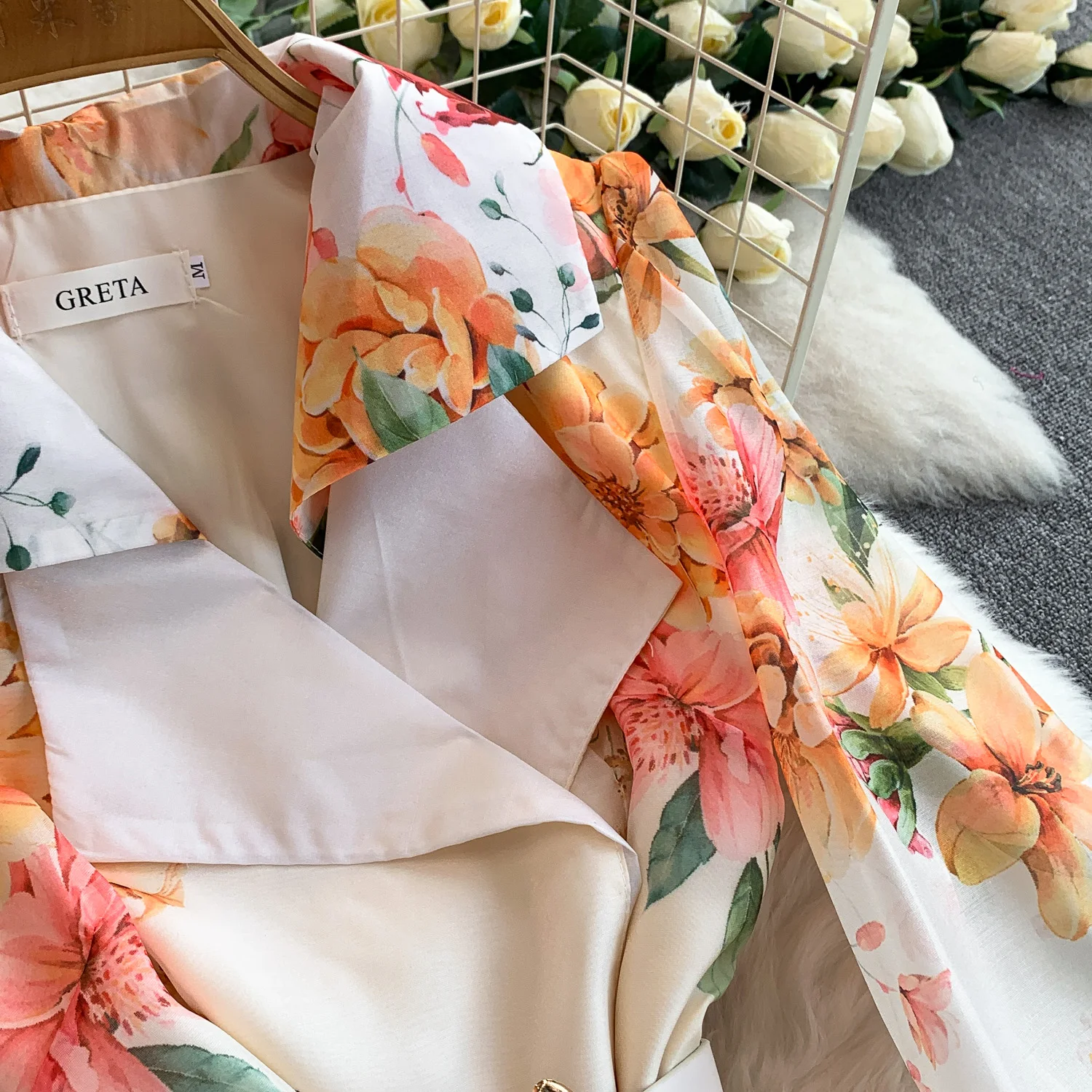 Elegant Print Flower Bandage Dress Women's Notched V-Neck Long Lantern Sleeve Waist-cinching Belt Maxi Vestidos Holiday