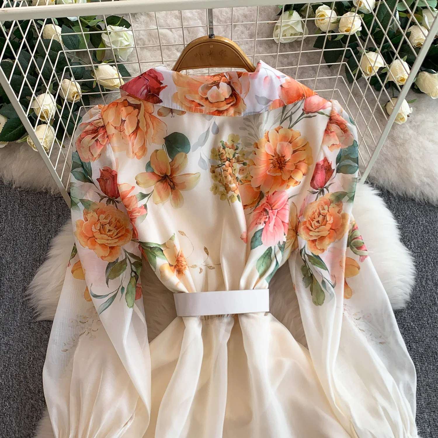 Elegant Print Flower Bandage Dress Women's Notched V-Neck Long Lantern Sleeve Waist-cinching Belt Maxi Vestidos Holiday