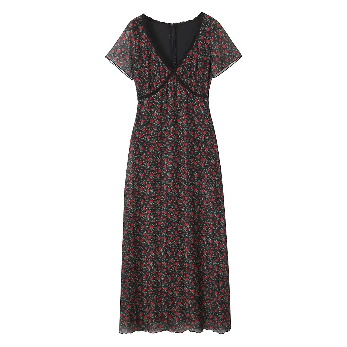 2025 Elegant lace Dress for summer V neckline Women short sleeve Party Dress midi rose Flora print holiday party dresses