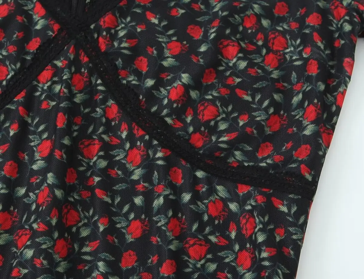 2025 Elegant lace Dress for summer V neckline Women short sleeve Party Dress midi rose Flora print holiday party dresses
