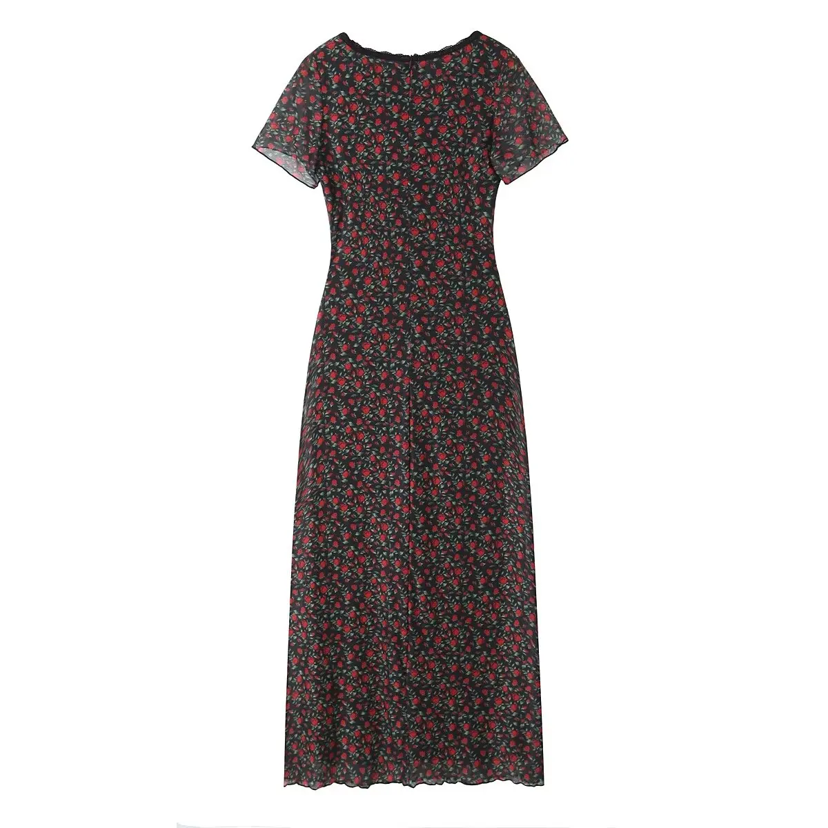2025 Elegant lace Dress for summer V neckline Women short sleeve Party Dress midi rose Flora print holiday party dresses