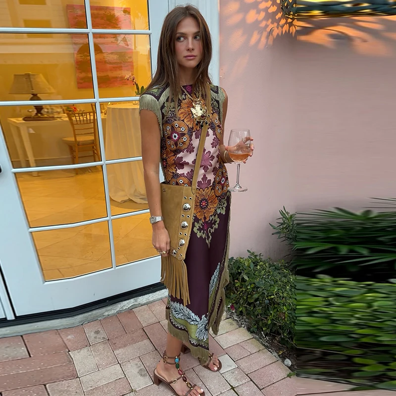 Elegant Printed Women's Dress Fringed Sleeveless Slim Irregular Lady Dresses 2026 Spring Summer Chic Female Holiday Robe