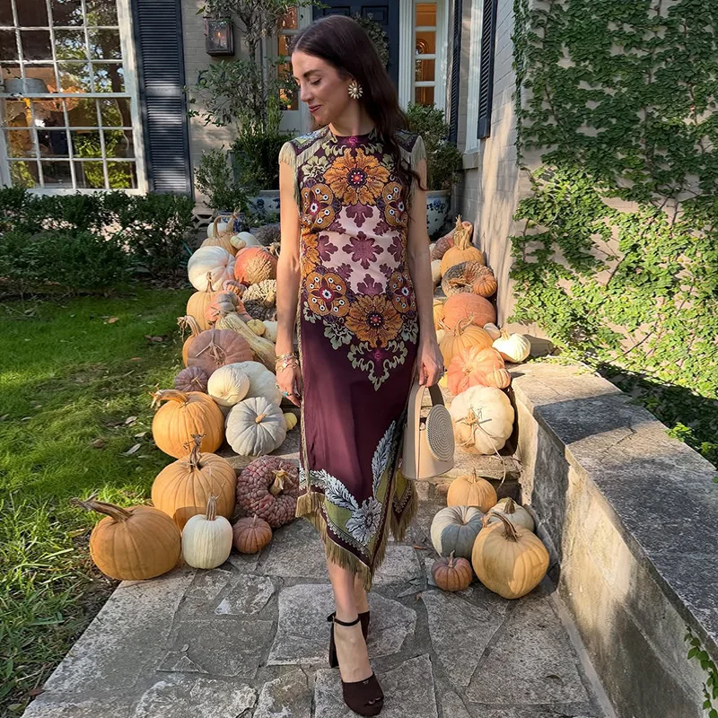 Elegant Printed Women's Dress Fringed Sleeveless Slim Irregular Lady Dresses 2026 Spring Summer Chic Female Holiday Robe