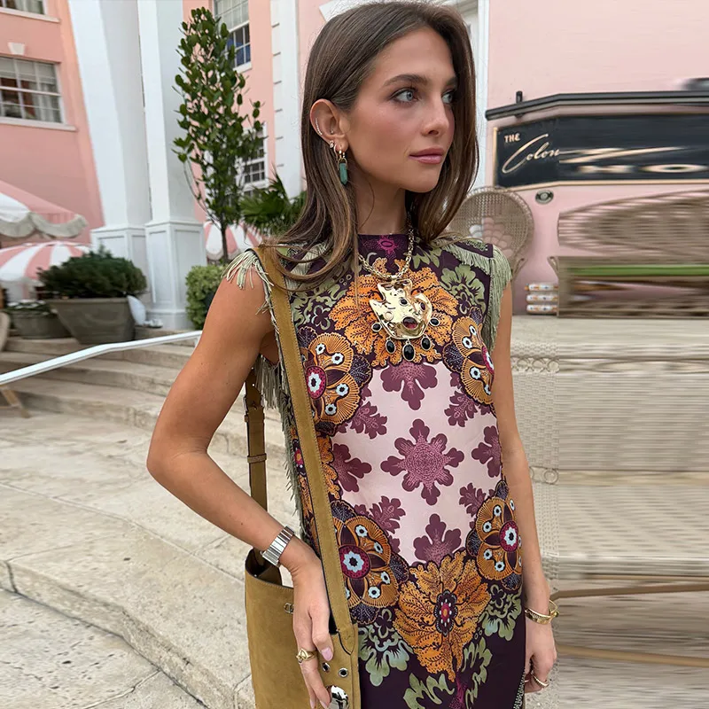 Elegant Printed Women's Dress Fringed Sleeveless Slim Irregular Lady Dresses 2026 Spring Summer Chic Female Holiday Robe