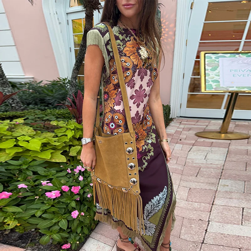Elegant Printed Women's Dress Fringed Sleeveless Slim Irregular Lady Dresses 2026 Spring Summer Chic Female Holiday Robe
