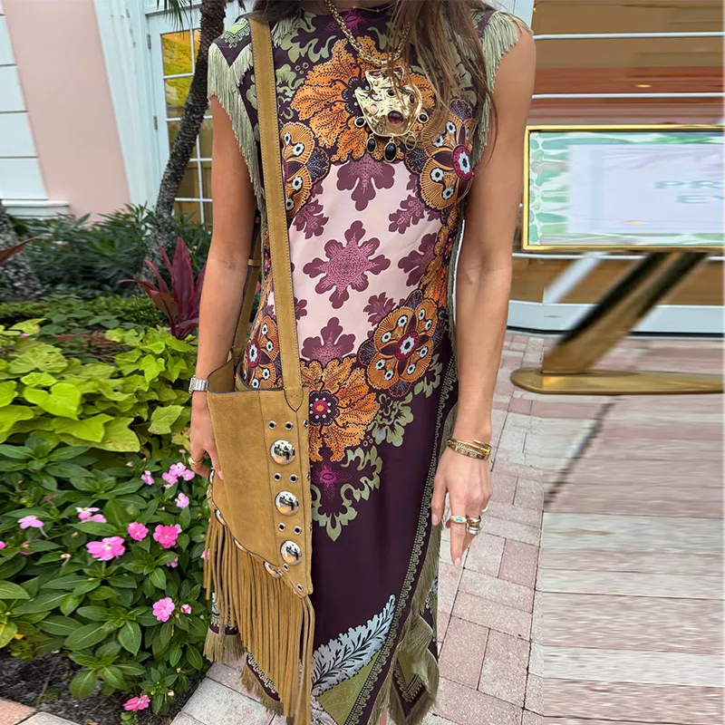 Elegant Printed Women's Dress Fringed Sleeveless Slim Irregular Lady Dresses 2026 Spring Summer Chic Female Holiday Robe