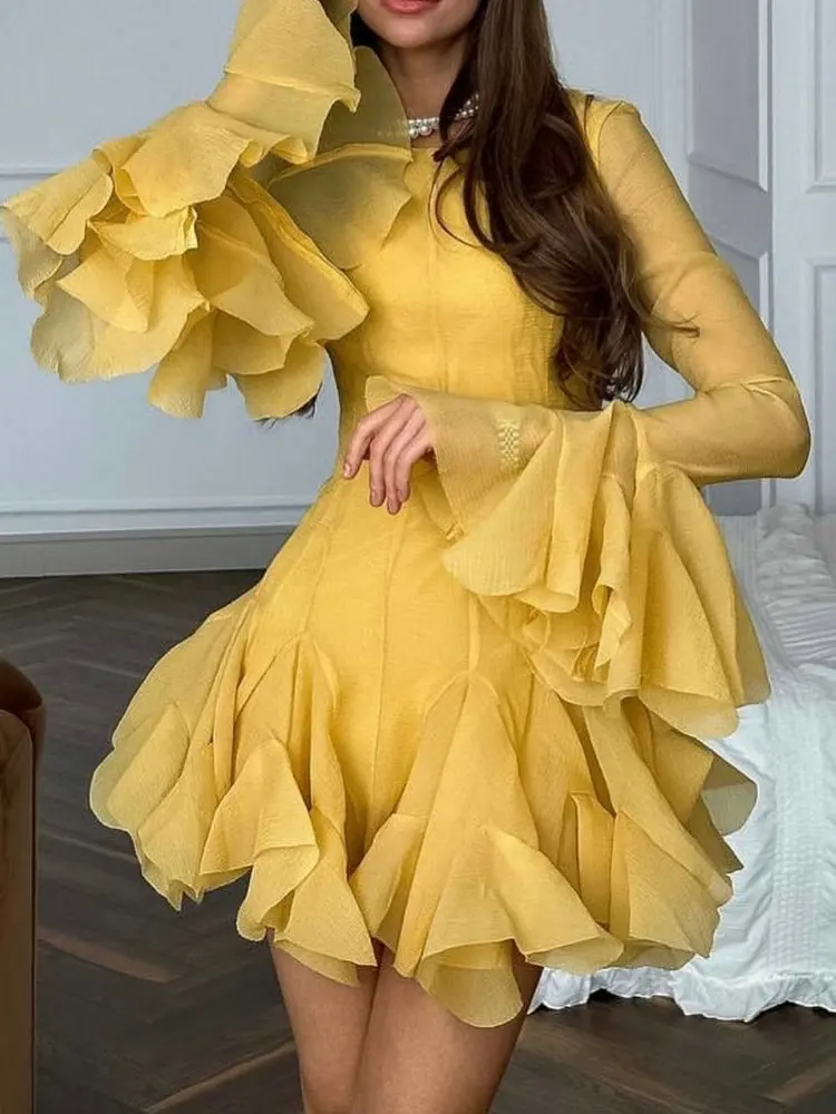 2026 Summer Women's Elegant Multi-Layered Ruffled Hem Mini Dresses Lady Sweet French Style Long Flare Sleeve Slim Fit Puffy Robe
