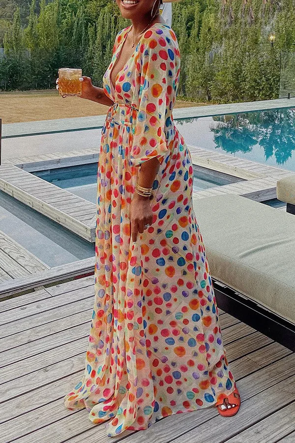 Long Dress Women Dresses A Line Vestidos Y2k Streetwear V Neck Full Sleeve Print Dot Elegant Party Night Work High Waist 2026