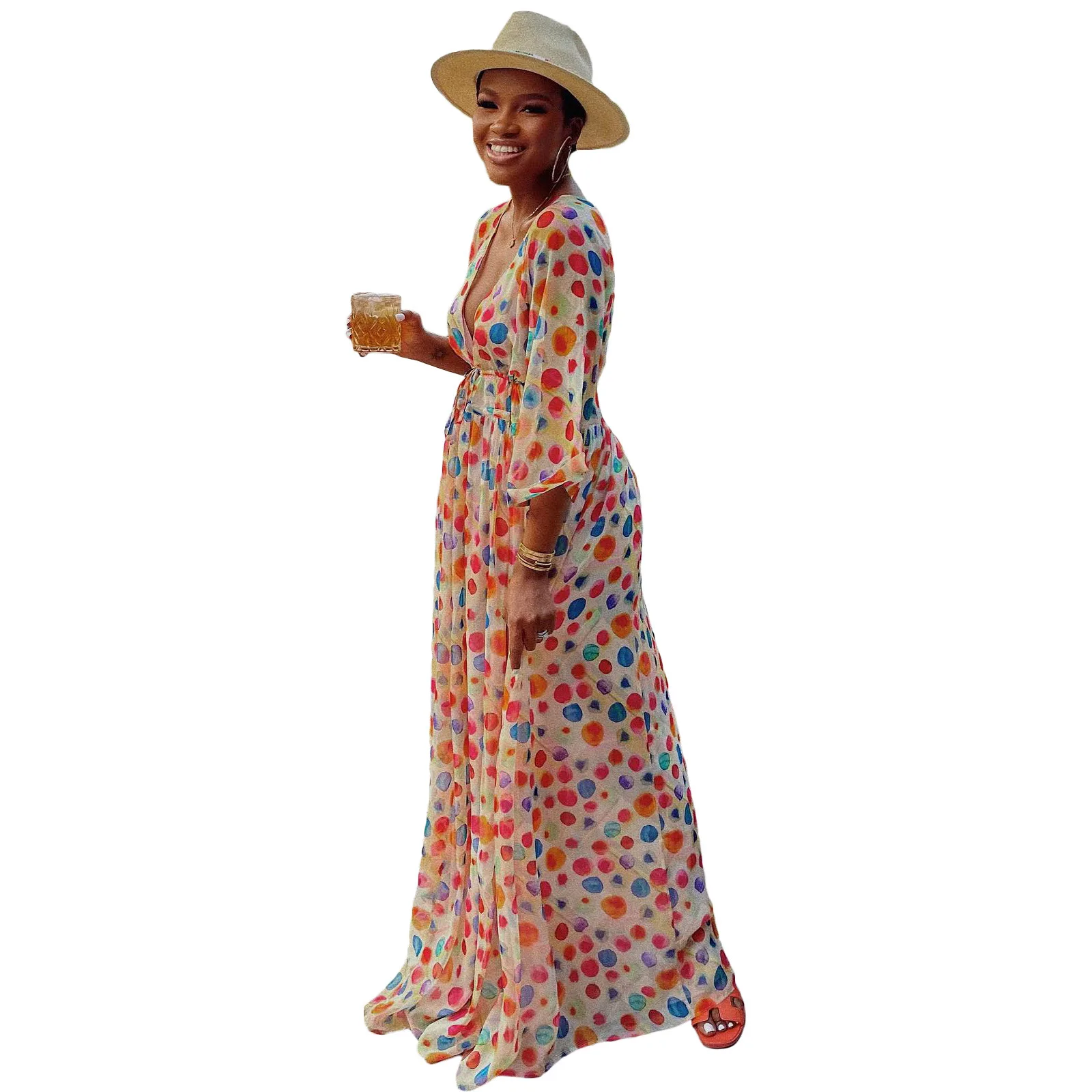 Long Dress Women Dresses A Line Vestidos Y2k Streetwear V Neck Full Sleeve Print Dot Elegant Party Night Work High Waist 2026
