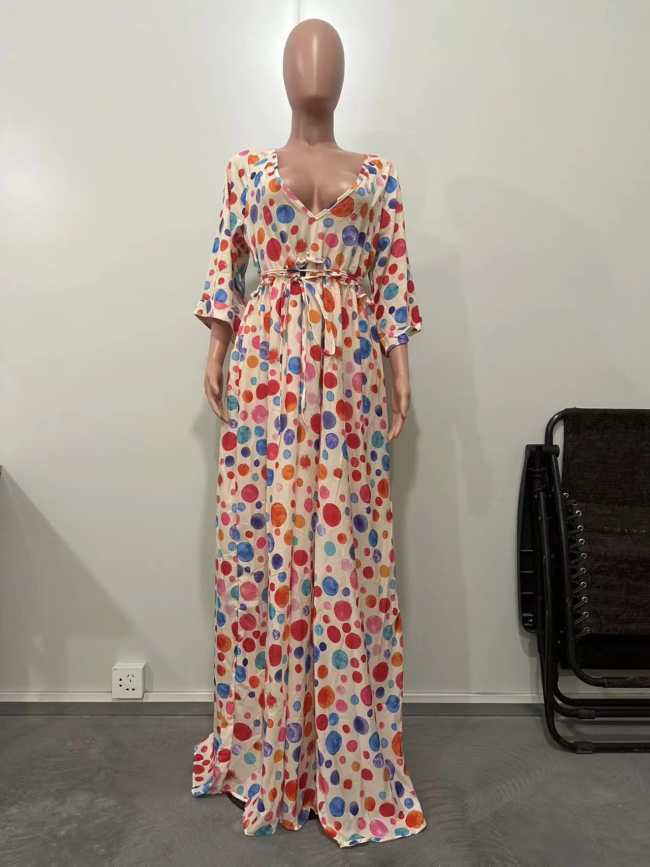 Long Dress Women Dresses A Line Vestidos Y2k Streetwear V Neck Full Sleeve Print Dot Elegant Party Night Work High Waist 2026