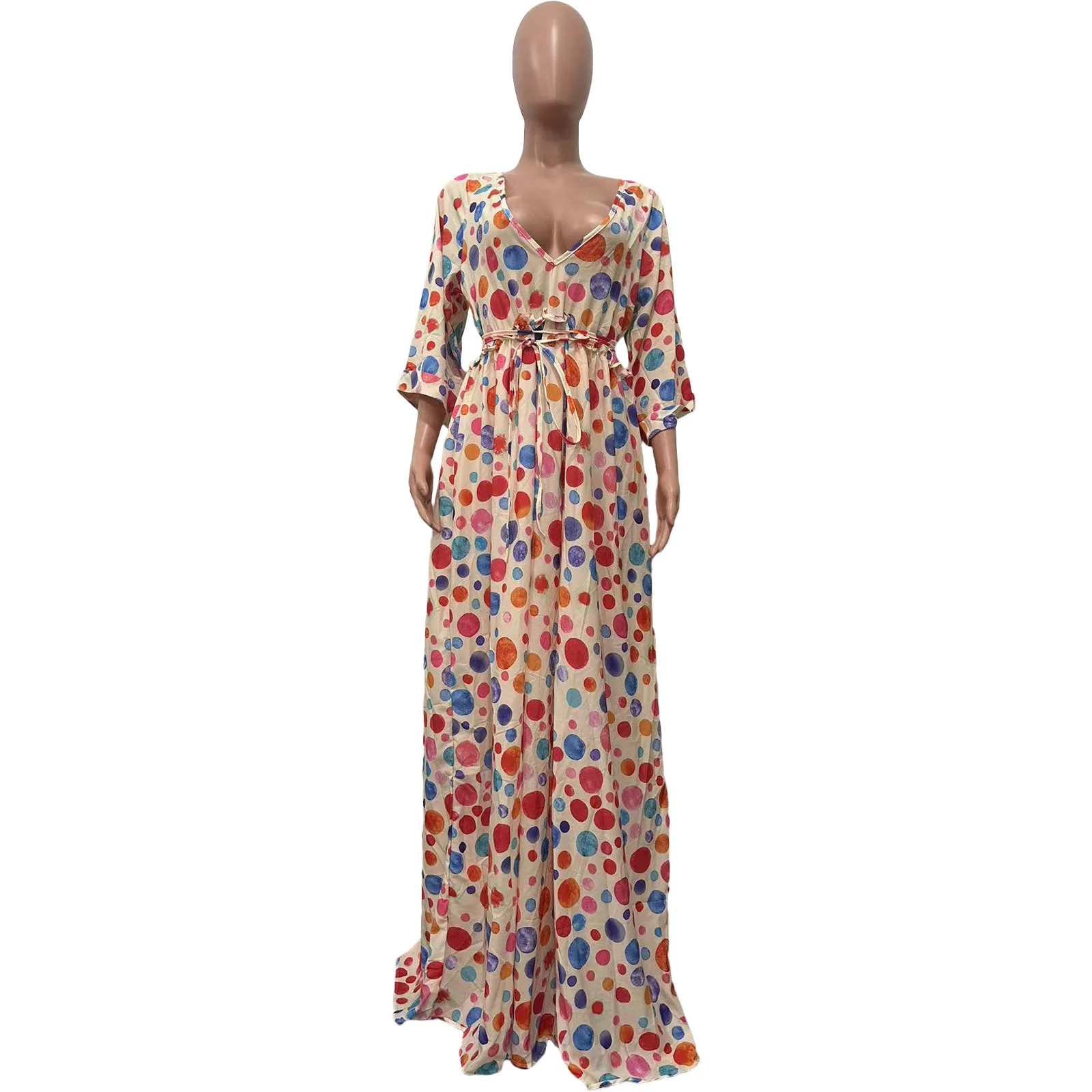 Long Dress Women Dresses A Line Vestidos Y2k Streetwear V Neck Full Sleeve Print Dot Elegant Party Night Work High Waist 2026
