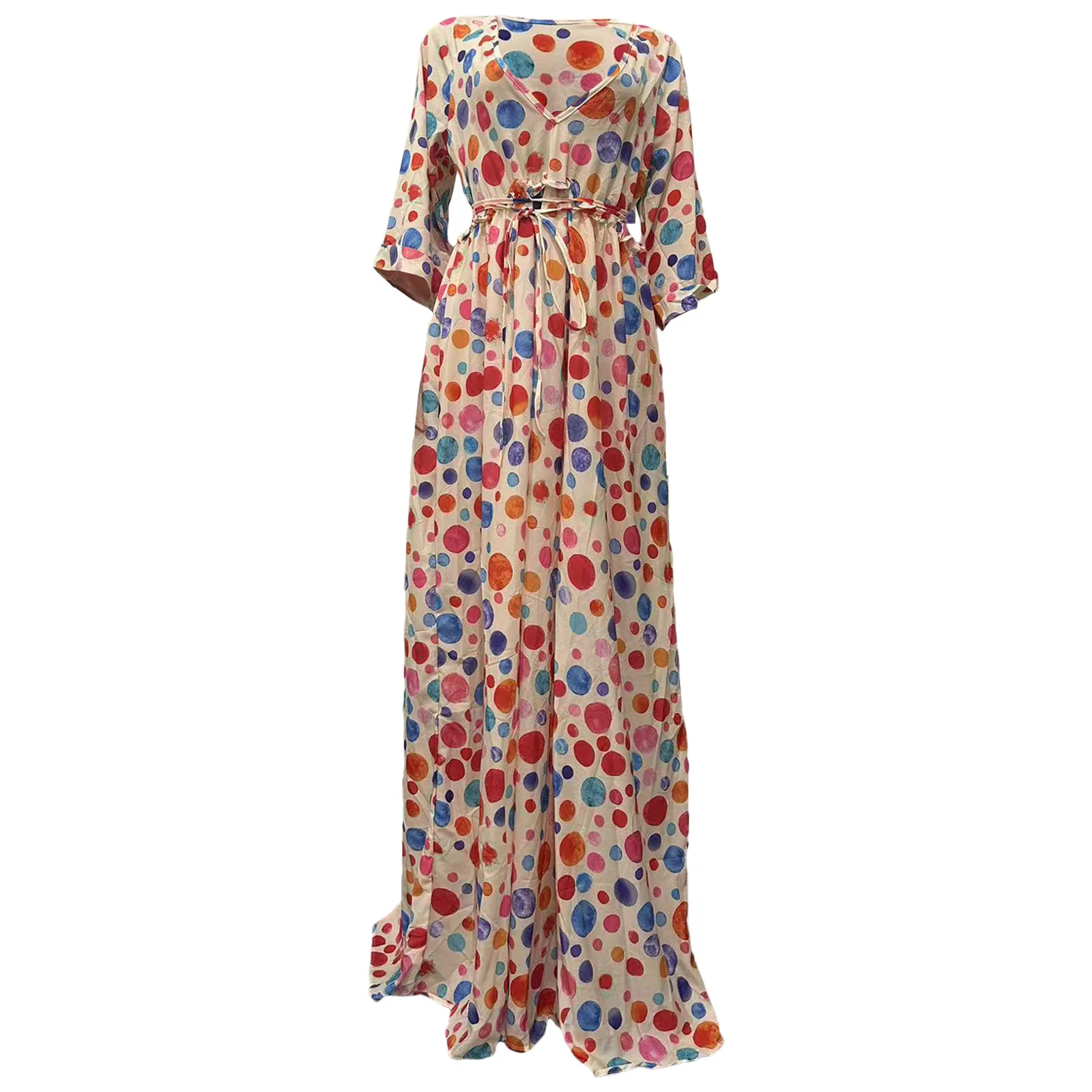 Long Dress Women Dresses A Line Vestidos Y2k Streetwear V Neck Full Sleeve Print Dot Elegant Party Night Work High Waist 2026