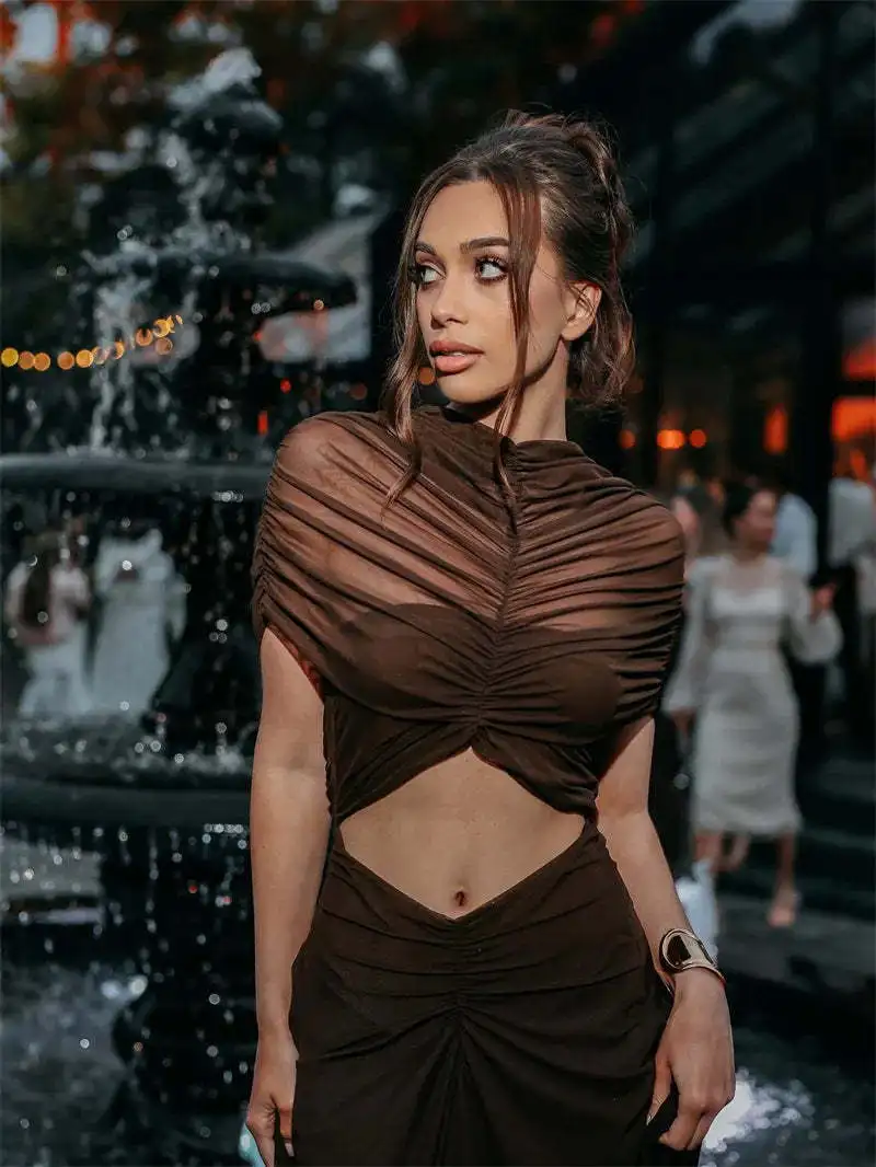 Hollow Out Short Sleeve Sexy Maxi Dress Women Fashion O Neck Ruched High Waist Bodycon Club Party Long Dress Female