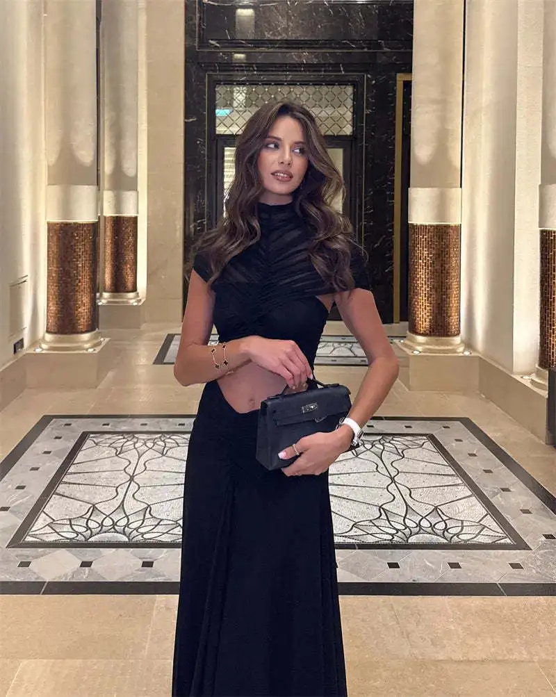 Hollow Out Short Sleeve Sexy Maxi Dress Women Fashion O Neck Ruched High Waist Bodycon Club Party Long Dress Female