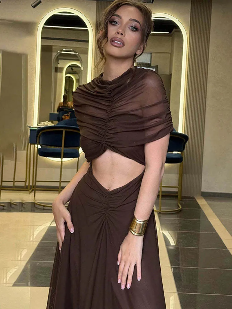 Hollow Out Short Sleeve Sexy Maxi Dress Women Fashion O Neck Ruched High Waist Bodycon Club Party Long Dress Female
