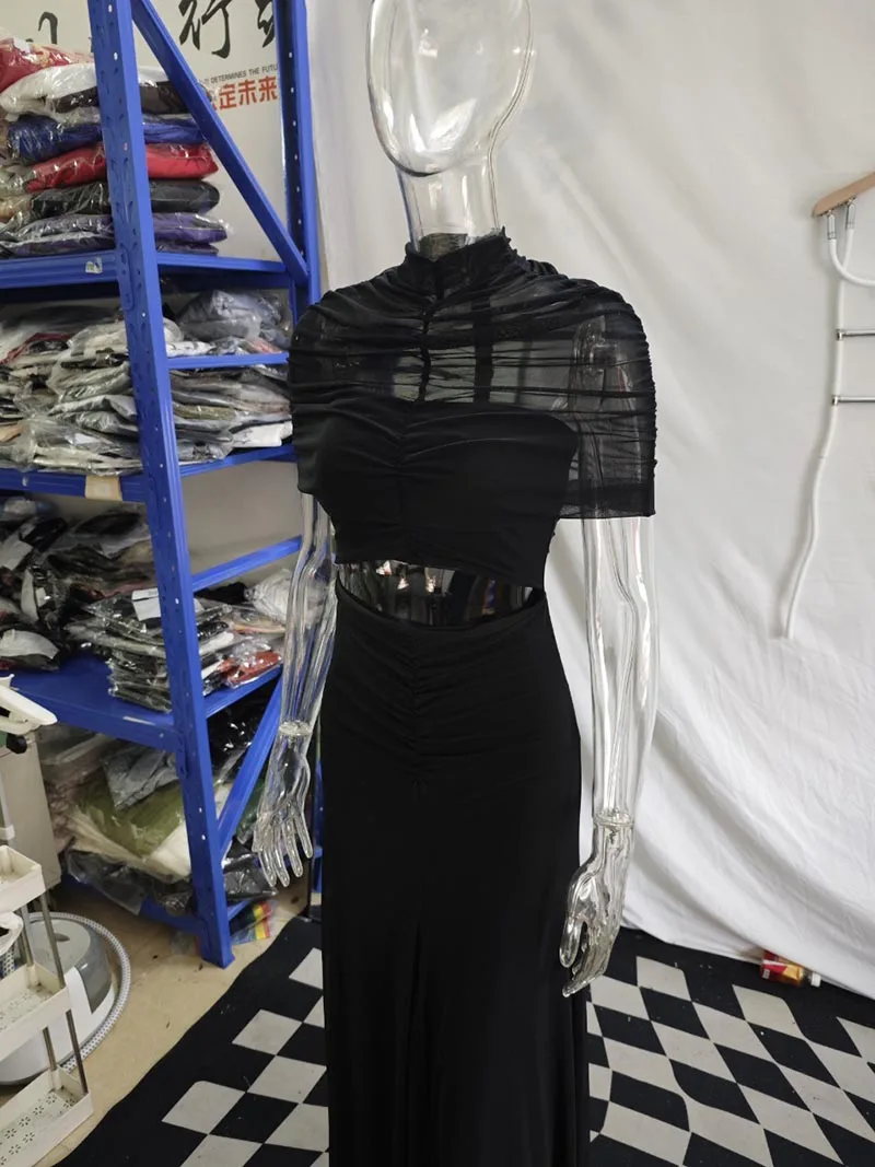 Hollow Out Short Sleeve Sexy Maxi Dress Women Fashion O Neck Ruched High Waist Bodycon Club Party Long Dress Female