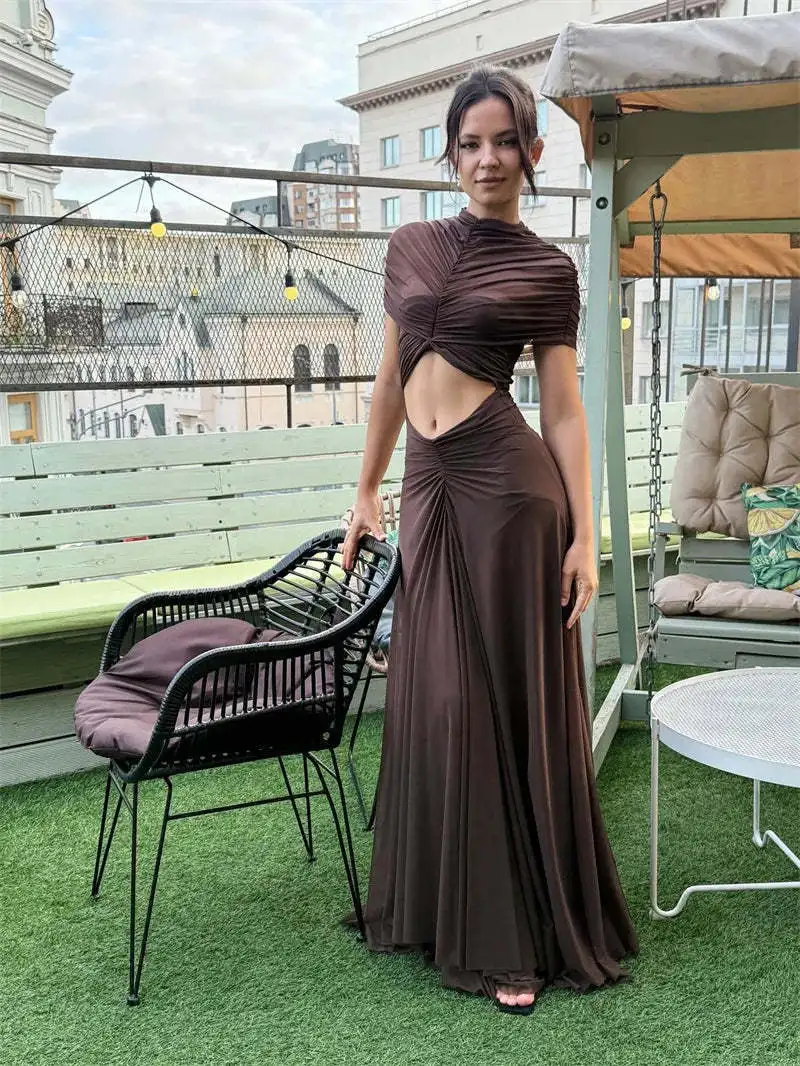 Hollow Out Short Sleeve Sexy Maxi Dress Women Fashion O Neck Ruched High Waist Bodycon Club Party Long Dress Female