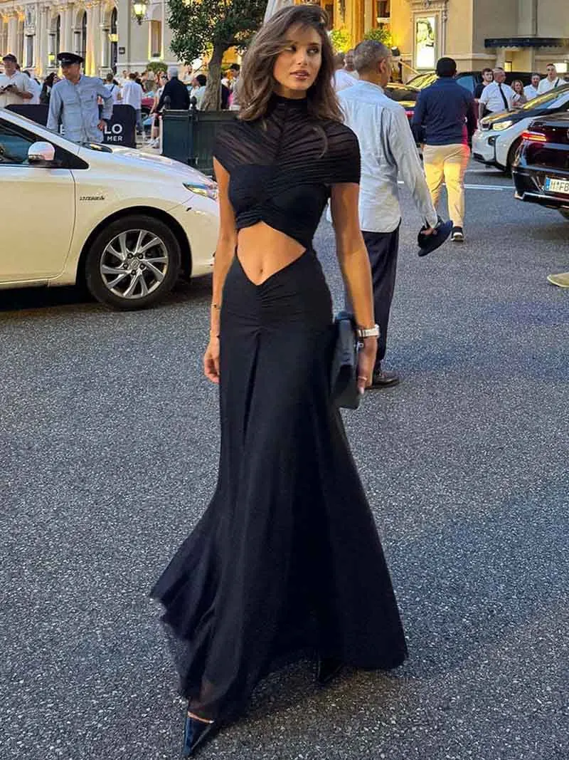 Hollow Out Short Sleeve Sexy Maxi Dress Women Fashion O Neck Ruched High Waist Bodycon Club Party Long Dress Female
