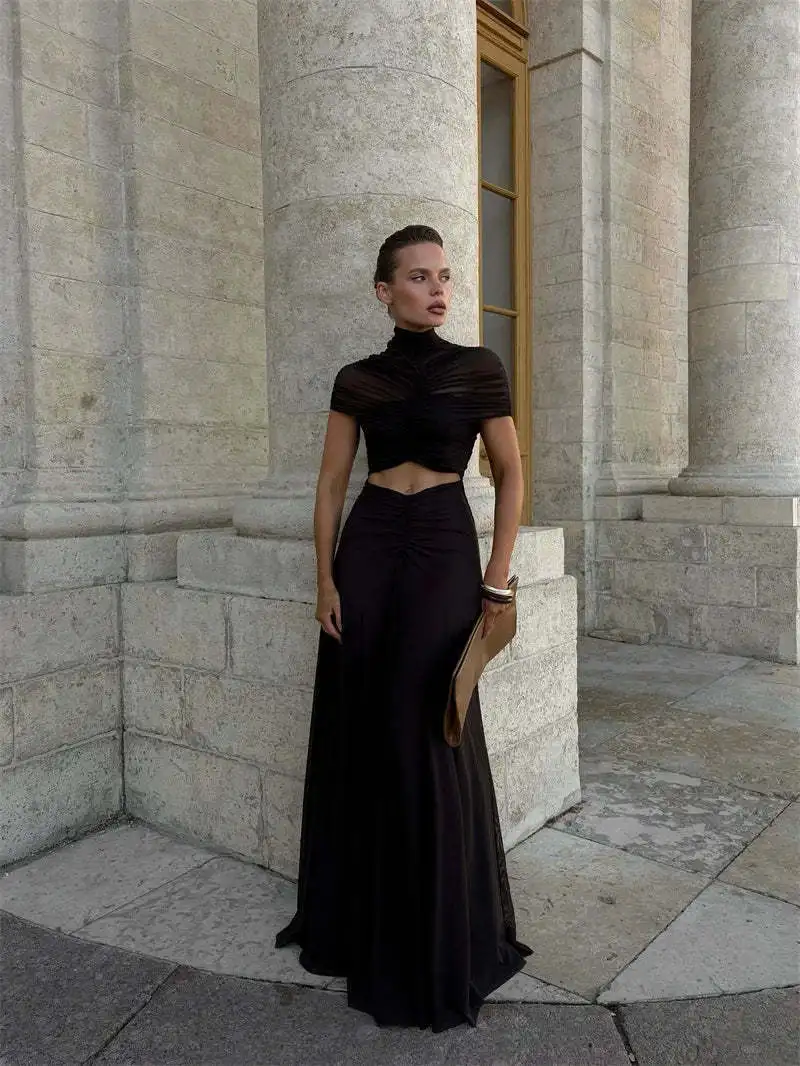 Hollow Out Short Sleeve Sexy Maxi Dress Women Fashion O Neck Ruched High Waist Bodycon Club Party Long Dress Female