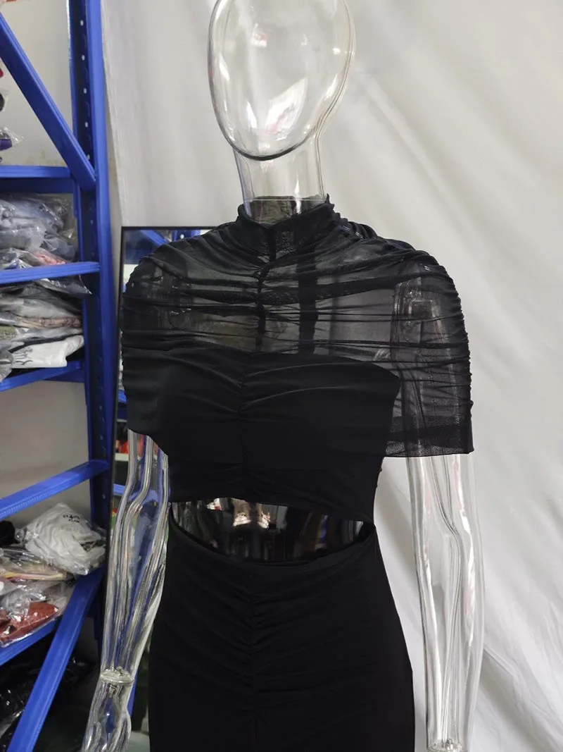 Hollow Out Short Sleeve Sexy Maxi Dress Women Fashion O Neck Ruched High Waist Bodycon Club Party Long Dress Female