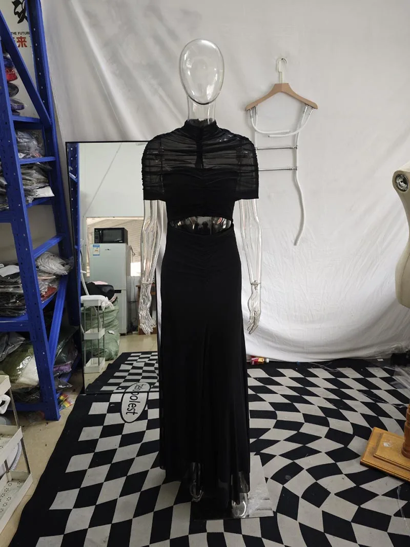 Hollow Out Short Sleeve Sexy Maxi Dress Women Fashion O Neck Ruched High Waist Bodycon Club Party Long Dress Female