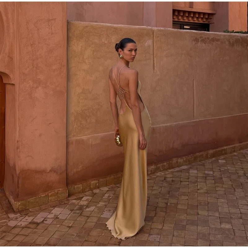 Sexy Backless Satin Dress Women Fashion O-neck Sleeveless High Waist Slim Maxi Dresses 2026 Summer Lady Beach Vacation Robe