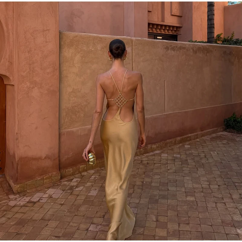 Sexy Backless Satin Dress Women Fashion O-neck Sleeveless High Waist Slim Maxi Dresses 2026 Summer Lady Beach Vacation Robe