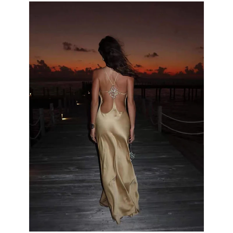 Sexy Backless Satin Dress Women Fashion O-neck Sleeveless High Waist Slim Maxi Dresses 2026 Summer Lady Beach Vacation Robe