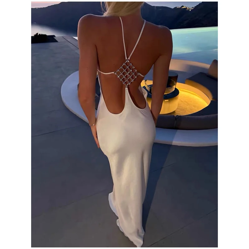 Sexy Backless Satin Dress Women Fashion O-neck Sleeveless High Waist Slim Maxi Dresses 2026 Summer Lady Beach Vacation Robe