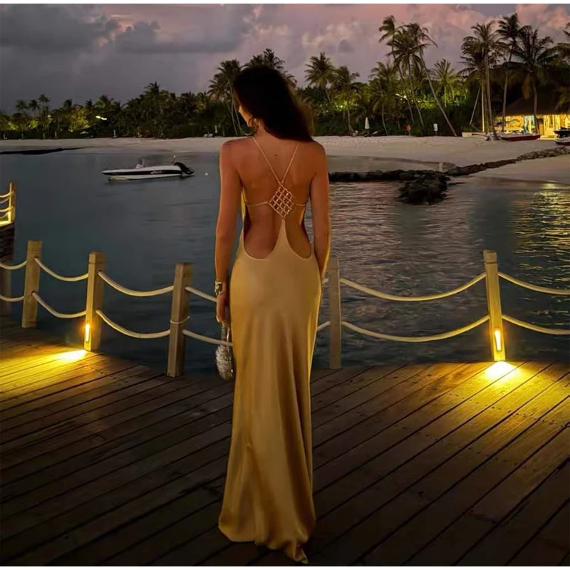 Sexy Backless Satin Dress Women Fashion O-neck Sleeveless High Waist Slim Maxi Dresses 2026 Summer Lady Beach Vacation Robe