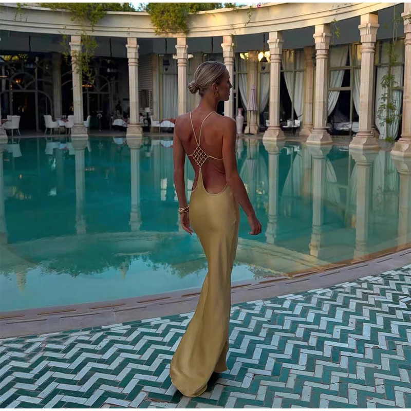 Sexy Backless Satin Dress Women Fashion O-neck Sleeveless High Waist Slim Maxi Dresses 2026 Summer Lady Beach Vacation Robe