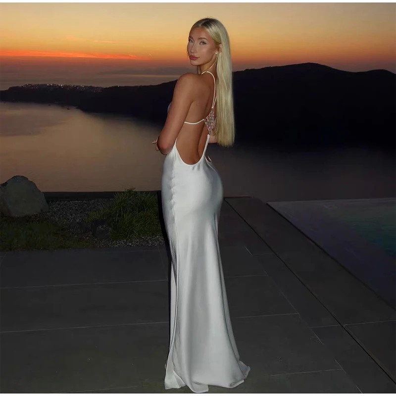 Sexy Backless Satin Dress Women Fashion O-neck Sleeveless High Waist Slim Maxi Dresses 2026 Summer Lady Beach Vacation Robe