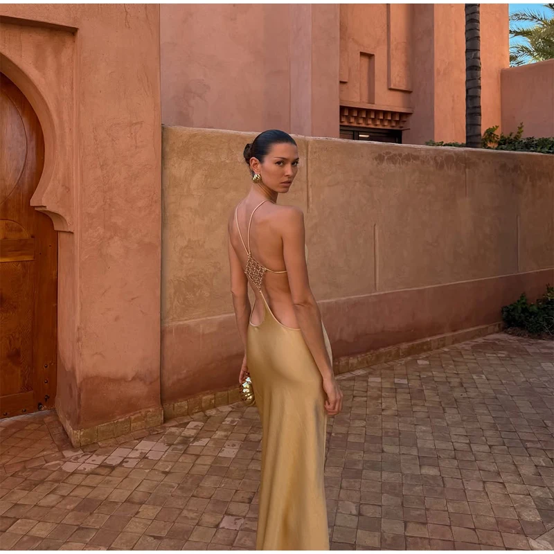 Sexy Backless Satin Dress Women Fashion O-neck Sleeveless High Waist Slim Maxi Dresses 2026 Summer Lady Beach Vacation Robe