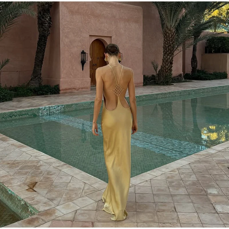 Sexy Backless Satin Dress Women Fashion O-neck Sleeveless High Waist Slim Maxi Dresses 2026 Summer Lady Beach Vacation Robe