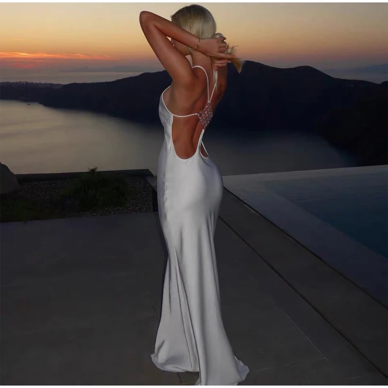 Sexy Backless Satin Dress Women Fashion O-neck Sleeveless High Waist Slim Maxi Dresses 2026 Summer Lady Beach Vacation Robe