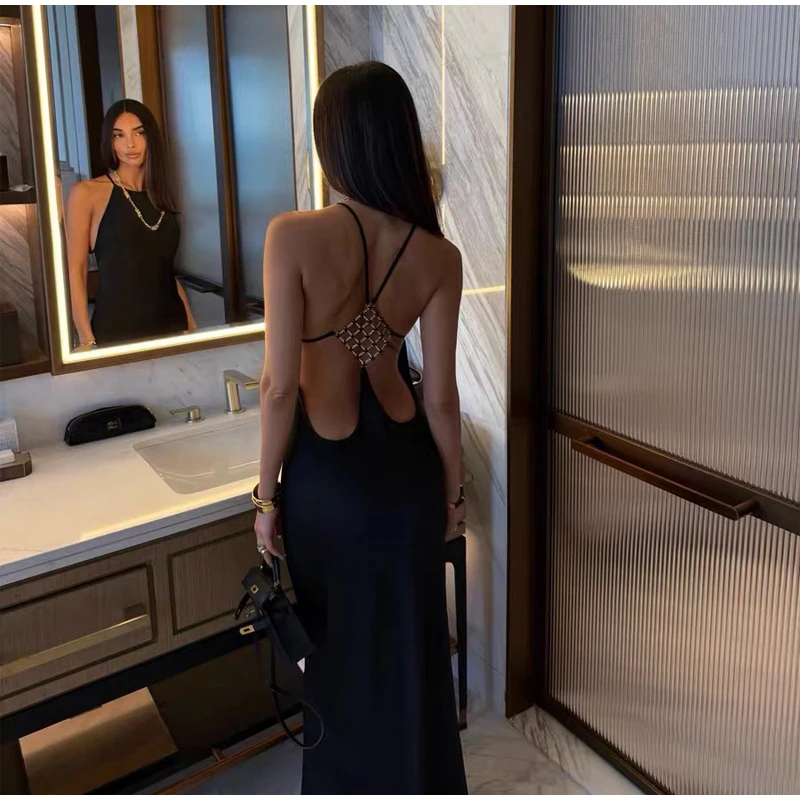 Sexy Backless Satin Dress Women Fashion O-neck Sleeveless High Waist Slim Maxi Dresses 2026 Summer Lady Beach Vacation Robe