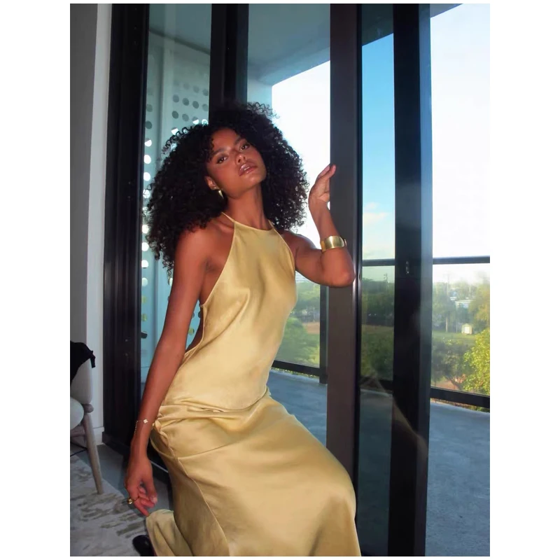 Sexy Backless Satin Dress Women Fashion O-neck Sleeveless High Waist Slim Maxi Dresses 2026 Summer Lady Beach Vacation Robe