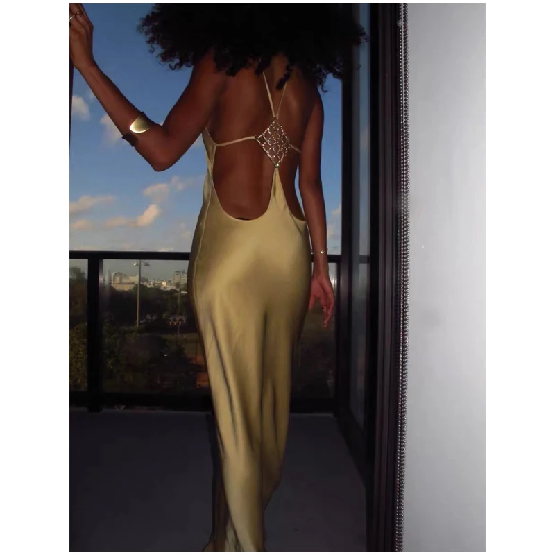 Sexy Backless Satin Dress Women Fashion O-neck Sleeveless High Waist Slim Maxi Dresses 2026 Summer Lady Beach Vacation Robe