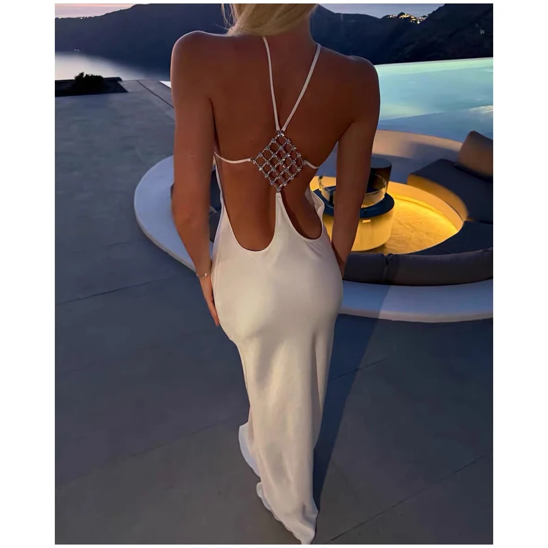 Sexy Backless Satin Dress Women Fashion O-neck Sleeveless High Waist Slim Maxi Dresses 2026 Summer Lady Beach Vacation Robe