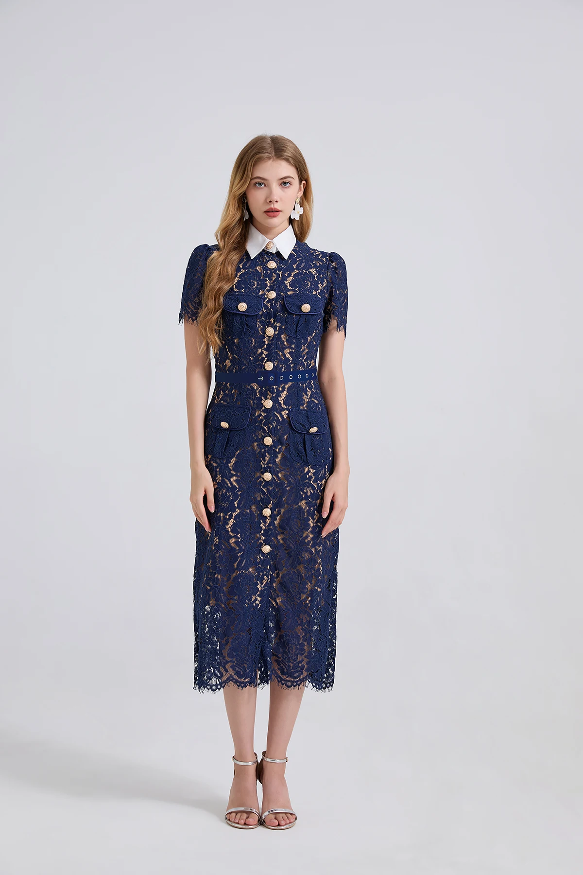 H Han Queen Elegant France Women Single Breasted Lace Dresses Female Hollow Out Short Sleeve Vintage Midi Dress Female Clothing