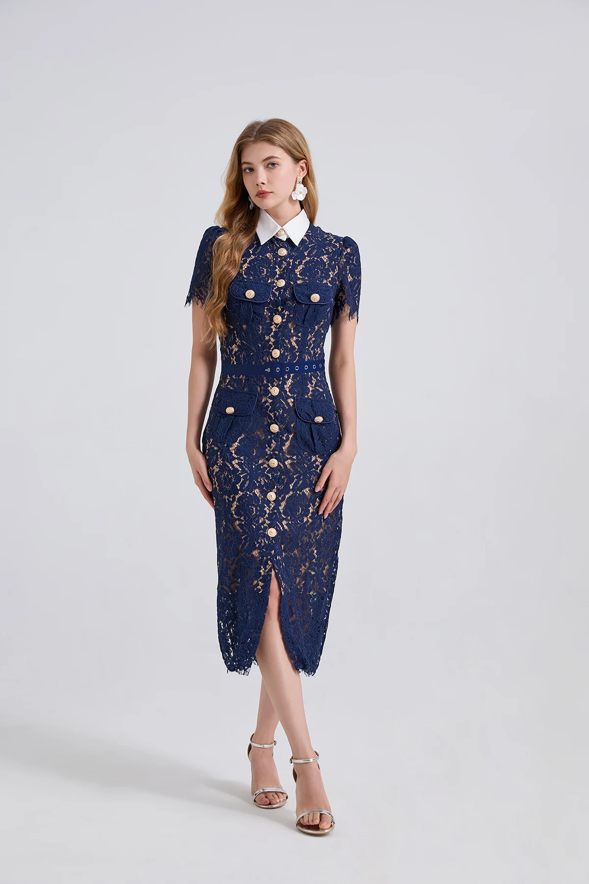 H Han Queen Elegant France Women Single Breasted Lace Dresses Female Hollow Out Short Sleeve Vintage Midi Dress Female Clothing