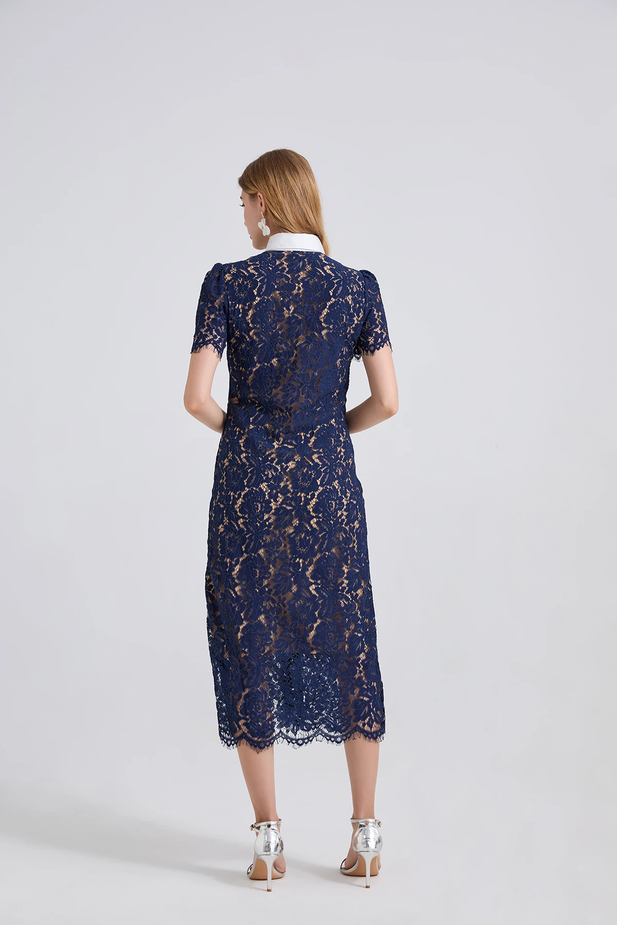 H Han Queen Elegant France Women Single Breasted Lace Dresses Female Hollow Out Short Sleeve Vintage Midi Dress Female Clothing