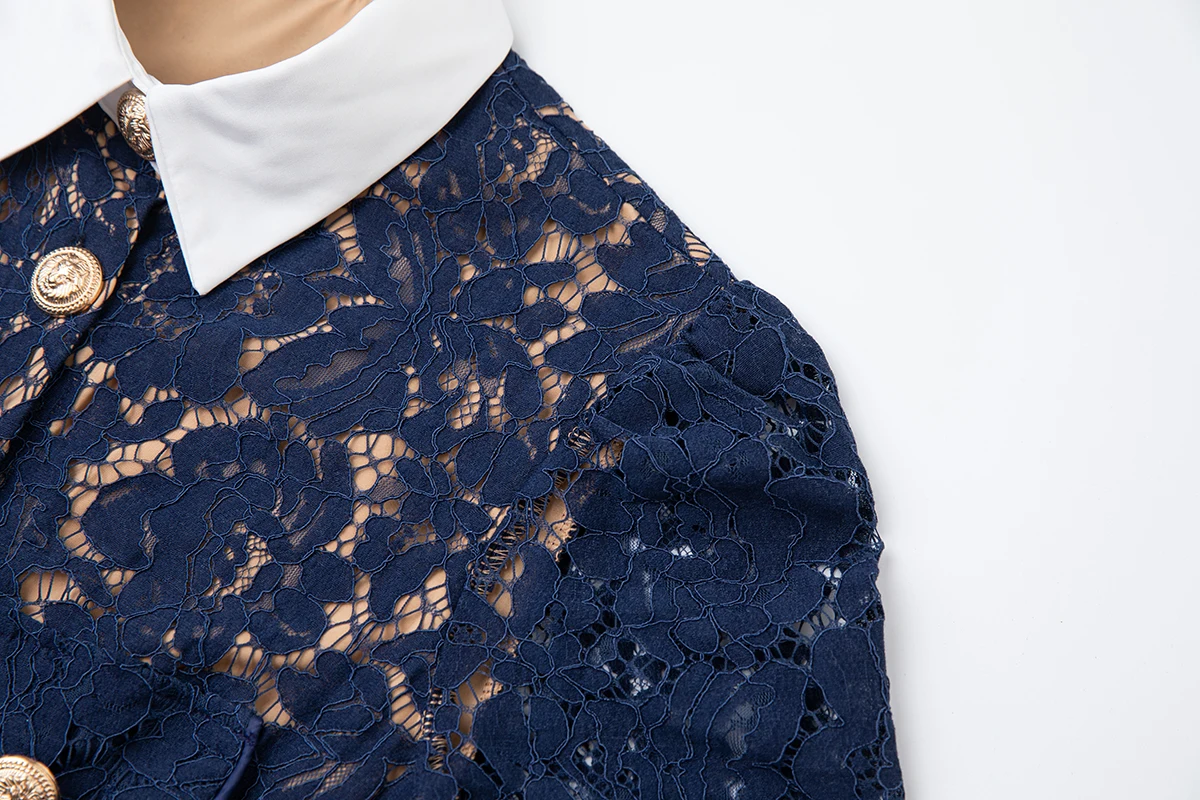 H Han Queen Elegant France Women Single Breasted Lace Dresses Female Hollow Out Short Sleeve Vintage Midi Dress Female Clothing